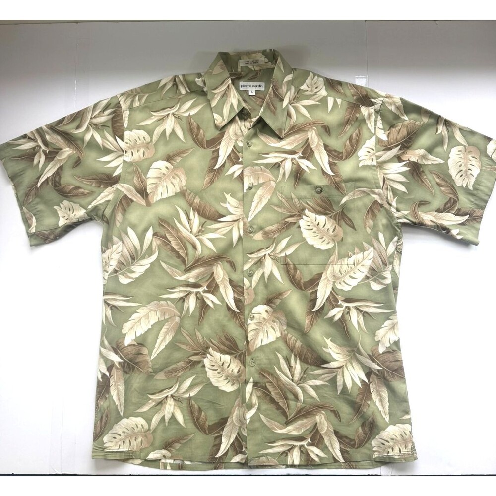 Vintage Pierre Cardin Hawaiian Shirt Mens Large Green Floral Monstera Leaf Cotto